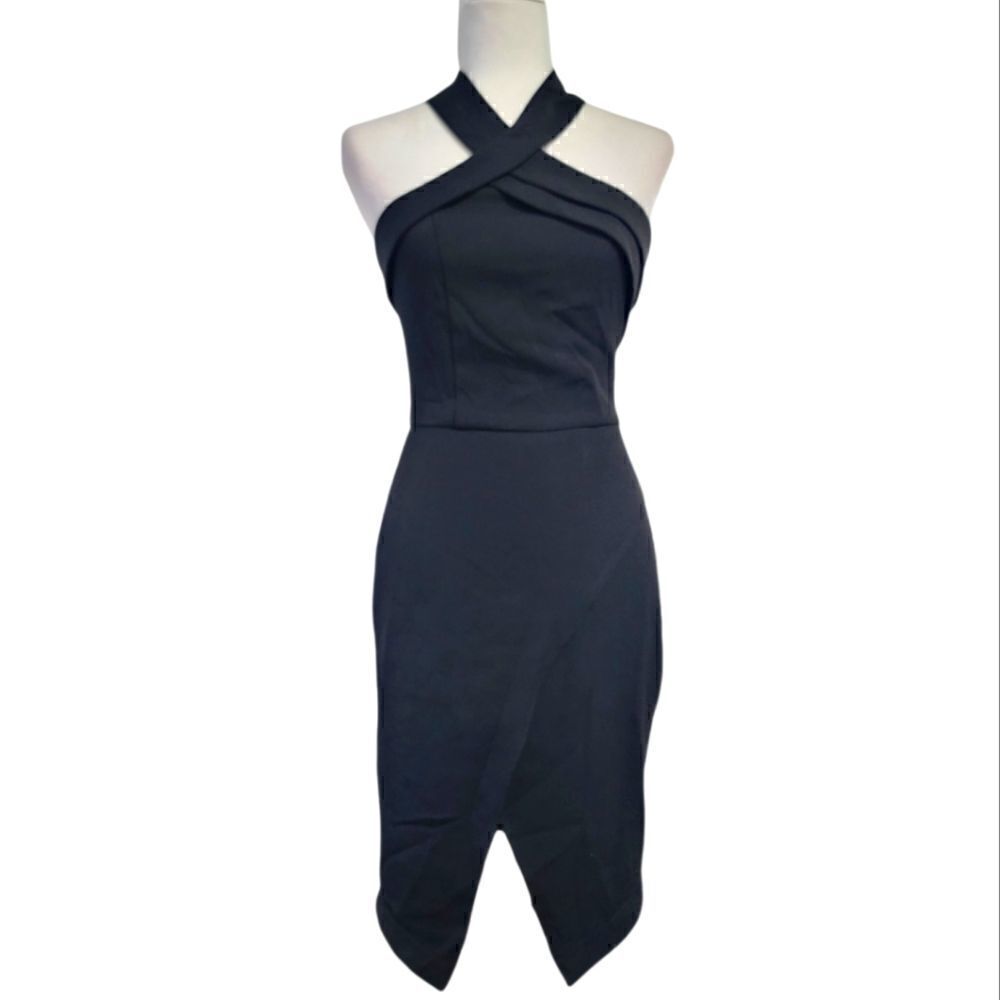 Adelyn Rae Halter asymmetrical sheath dress in black size xsmall